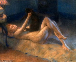 Nu Allonge Jouant Avec Son Chat — Delphin Enjolras