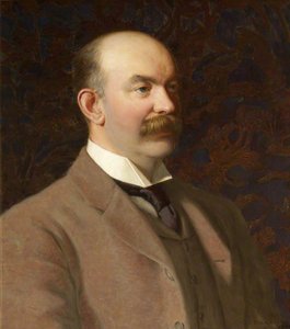 William Henry Armstrong Fitzpatrick Watson Armstrong (1863–1941), 1st Baron Armstrong of Bamburgh and Cragside, in Forage Cap and Cloak over Northumberland Hussars Mess Dress