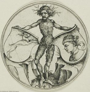 Two Shield With A Hare And Moor's Head.held By A Wild Man — Martin Schongauer