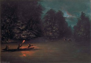 Deer Hunting By Torchlight In Bark Canoes — George Catlin