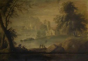 River Landscape With Buildings And Figures — James Norie