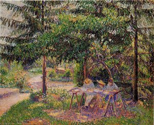 Children In A Garden At Eragny — Camille Pissarro, Impressionist Landscape Painting