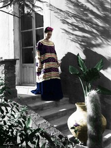 Frida coming down the steps of the Blue House