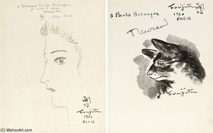 Drawing, Lithograph, Two Self-portrait Photographs And Book — Léonard Tsuguharu Foujita