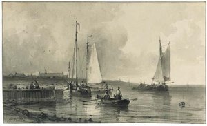 Shipping By A Harbour, Figures Seated On A Jetty Nearby — Abraham Hulk Senior