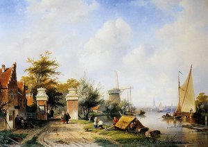 River With Tollgate Sun — Charles Henri Joseph Leickert