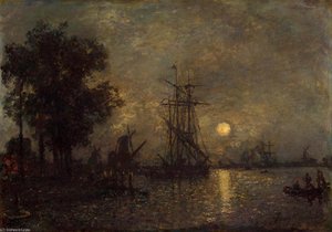 Holandaise Landscape With Docked Boat — Johan Barthold Jongkind, Impressionism
