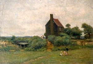 Cottage With Children Picking Flowers - — Wilfrid Williams Ball