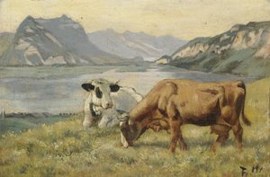 Two Cows From Lake Thun Countryside — Ferdinand Hodler
