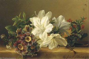 Rhodondendrons And Primulas On A Ledge — Geraldine Jacoba Van De Sande Bakhuyzen