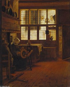 Interior With A Woman At A Spinning Wheel — Esaias Boursse