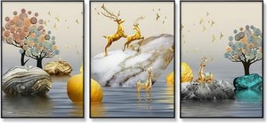 Abstract 3d Landscape Triptych Canvas Art – Earth Tone & Gold Accents