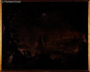 Burning town by the sea