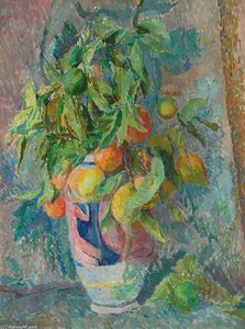 Still Life Of Fruit And Leaves In A Coloured Vase — Duncan Grant
