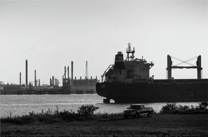 View Across Dry Bonnet Carré Spillway And River To Union Carbide Plant At Twilight; From Norco — Richard Sexton