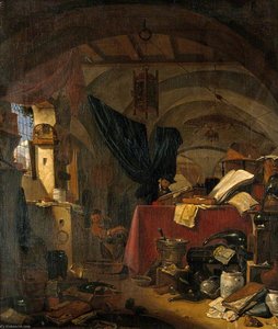 Interior With An Alchemist Studying A Book, His Assistant Pouring Liquid Into A Bowl — Thomas Wyck