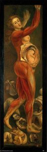 A Pregnant Woman, Dissected, Lateral View, with Arms Upraised, Accompanied by Separate Sections of the Body