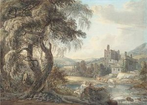 A Wooded River Landscape With Figures And Cattle, A Castle Beyond — Paul Sandby