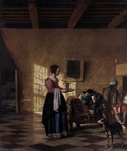 Woman With A Water Pitcher, And A Man By A Bed — Pieter De Hooch, Dutch Golden Age