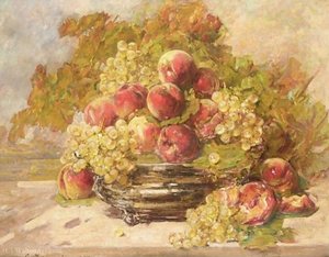 Still life of peaches and grapes