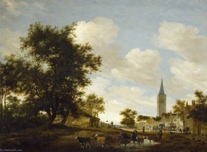 A Draw Well With Cattle Before Beverwijck Church — Salomon Van Ruysdael