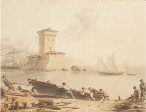 Sailors Hauling A Boat Up A Beach, A Tower Seen Across A Bay Beyond — Victor Jean Nicolle