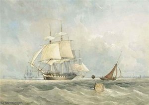 A Royal Navy Frigate Preparing To Get Underway From Her Anchorage At Spithead — Thomas Sewell Robins