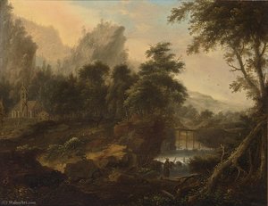 A wooded landscape with an angler by a waterfall, a church and deer in the background