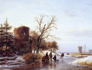 Scaters On Frozen River 2 Sun — Andreas Schelfhout