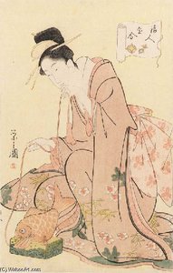 A Beauty On A Yellow Background Holding The Cord Of A Model Of A Snapper — Chobunsai Eishi