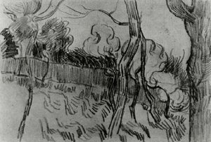 Pine Trees Seen Against The Wall Of The Asylum — Vincent Willem Van Gogh, Post-impressionism