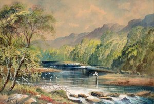 Landscape, Waterfalls And Man Fishing — Alfred Worthington