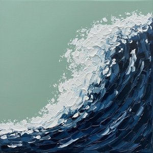 Fragmented Surge In Navy And Sage: A Monumental Study Of Sculptural Fluidity — David Moreau, Plaster & Texture Art