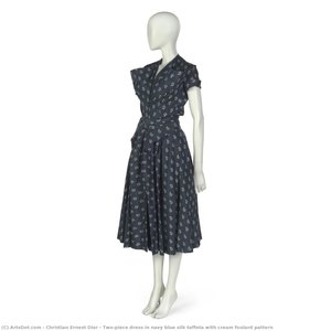 Two-piece Dress In Navy Blue Silk Taffeta With Cream Foulard Pattern — Christian Ernest Dior
