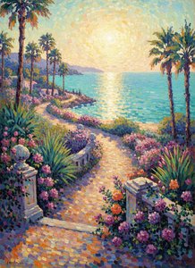 Luminous Path to the Azure Horizon: A Neo-Impressionist Study in Gold and Cerulean