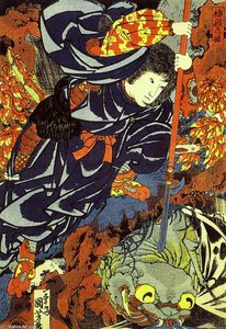 Kamigashihime Stabbing A Giant Spider — Utagawa Kuniyoshi, Ukiyo-e Style