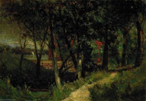 Untitled (landscape, Forest Scene With Red Fence And Building) — Edward Mitchell Bannister