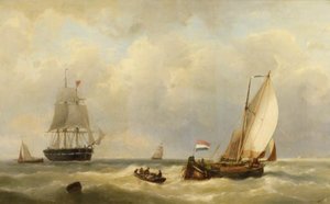 Sailors In A Rowingboat Approaching A Three-master At Sea — Johannes Hermann Barend Koekkoek