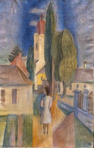 Nagybánya Sketch With A Walking Figure — Janos Kmetty