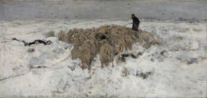 Flock Of Sheep With Shepherd In The Snow — Anton Mauve
