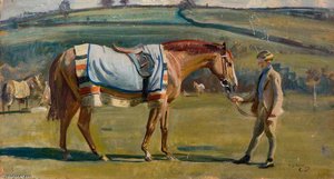 A Chestnut Racehorse Held By A Boy In A Landscape — Sir Alfred James Munnings