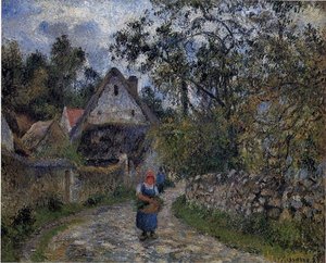 The Village Path - Thatched Cottages In Valhermeil — Camille Pissarro