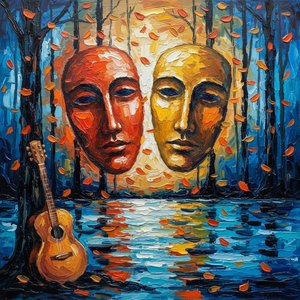Echoes Of The Silent Strings Amidst Floating Golden Visages And Midnight Shadows — Christian Noiret, Contemporary Abstract Painting