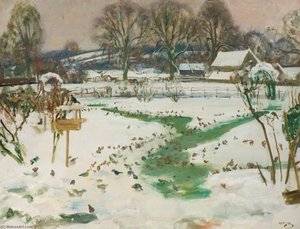 A Winter Scene At Castle House With Birds Feeding — Sir Alfred James Munnings, British Romanticism