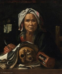 An Old Philosopher At Her Desk, With A Vanitas Skull And An Hourglass — Pietro Bellotti