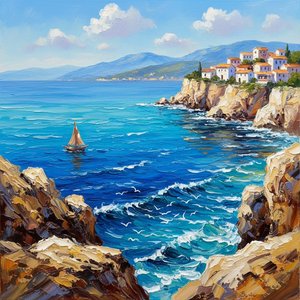 Azure Solitude: An Impasto Study Of Coastal Cliffs And The Wandering Sailboat — Christian Noiret