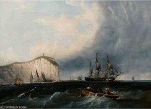 A Frigate Weaving Through Small Craft Off A Lofty Headland — John Wilson Carmichael