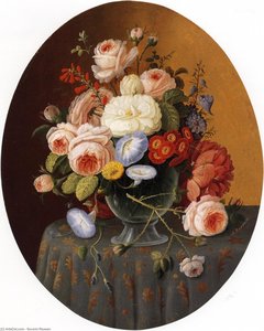 Floral Arrangement In A Glass Vase On A Clothed Table — セヴェリン・ローゼン