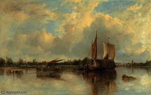 View Of Barges On The Thames With Henley Beyond — Frederick Waters (william) Watts