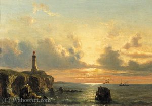 A Coastal Landscape With A Lighthouse At Sunset — Everhardus Koster, Romanticism